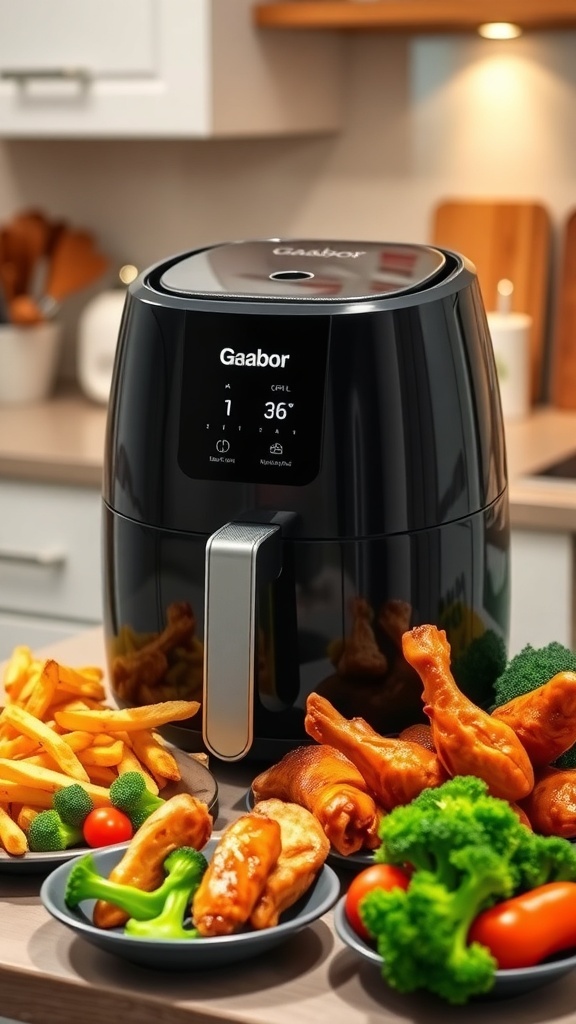 Gaabor 5.5L air fryer with crispy fries, chicken wings, and broccoli on a kitchen countertop.